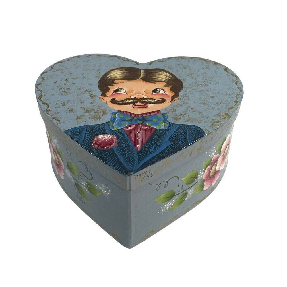 Hand Painted Kitsch Boho Heart Shaped Memoir Photo Empty Box With Flowers
